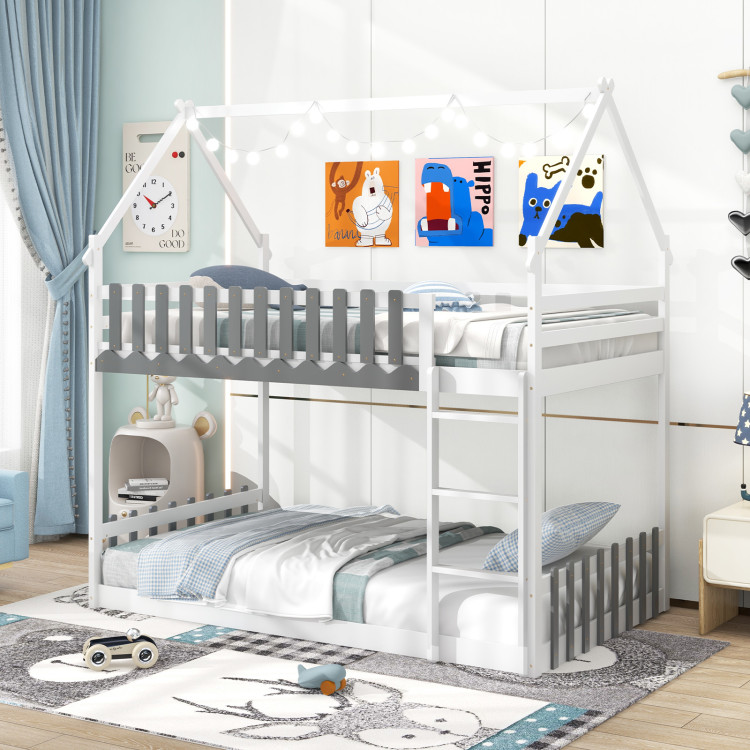 Twin Over Twin Bunk Bed with Fence and Ladder for Kids - Image 2