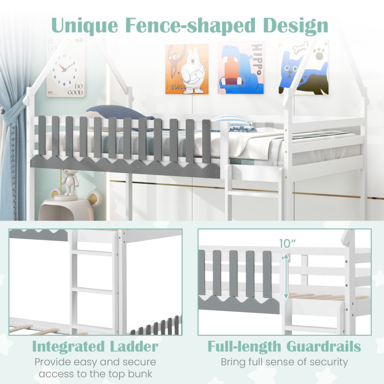 Twin Over Twin Bunk Bed with Fence and Ladder for Kids - Image 5