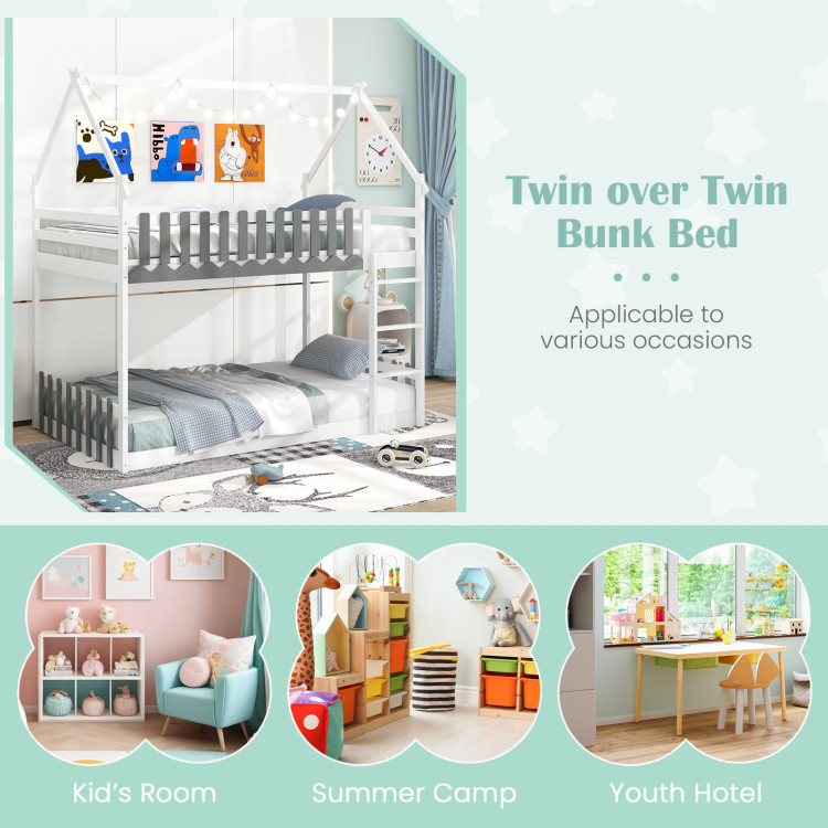 Twin Over Twin Bunk Bed with Fence and Ladder for Kids - Image 8