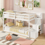 Twin Over Twin Low Bunk Bed with Storage Stairs Solid Wood Floor Bunk Bed Frame - Image 3
