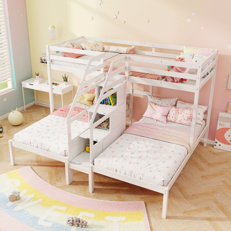 Twin Over Twin and Twin Bunk Bed with Storage Staircase and Guardrail for 3 Kids Teens - Image 2