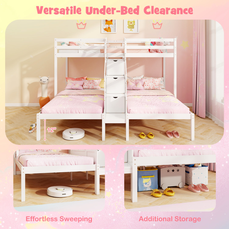 Twin Over Twin and Twin Bunk Bed with Storage Staircase and Guardrail for 3 Kids Teens - Image 10
