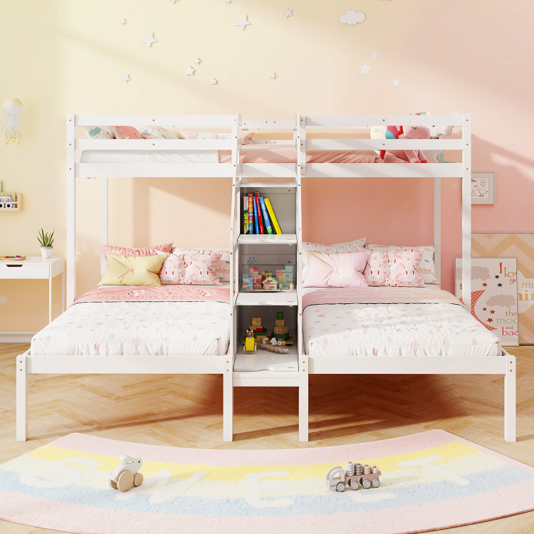 Twin Over Twin and Twin Bunk Bed with Storage Staircase and Guardrail for 3 Kids Teens - Image 3