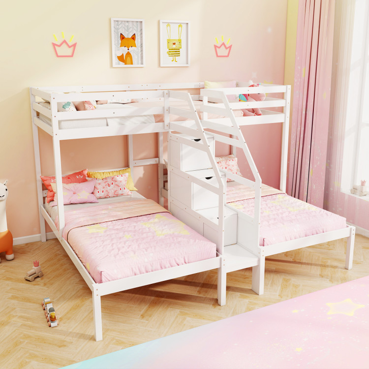 Twin Over Twin and Twin Bunk Bed with Storage Staircase and Guardrail for 3 Kids Teens - Image 6
