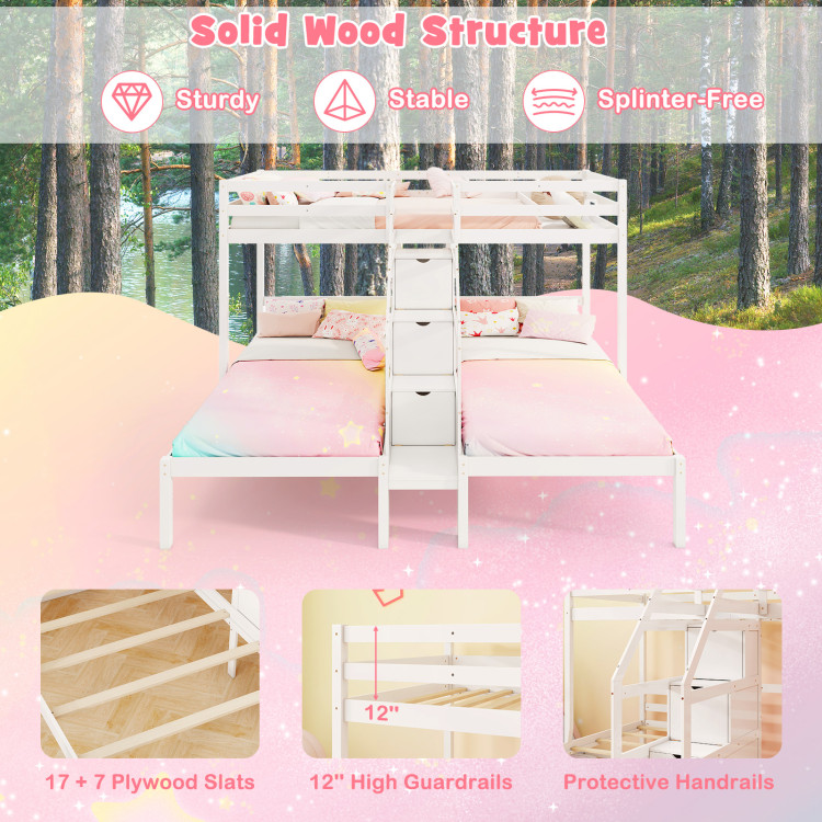 Twin Over Twin and Twin Bunk Bed with Storage Staircase and Guardrail for 3 Kids Teens - Image 8
