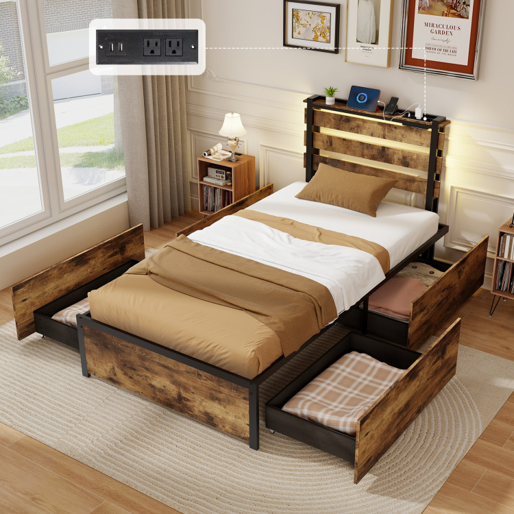 Full/Queen/Twin Size Bed Frame with Drawers LED Lights and USB Ports - Image 2