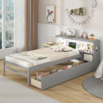 Twin Size Bed Frame with LED Light and Bookcase Headboard - Image 2