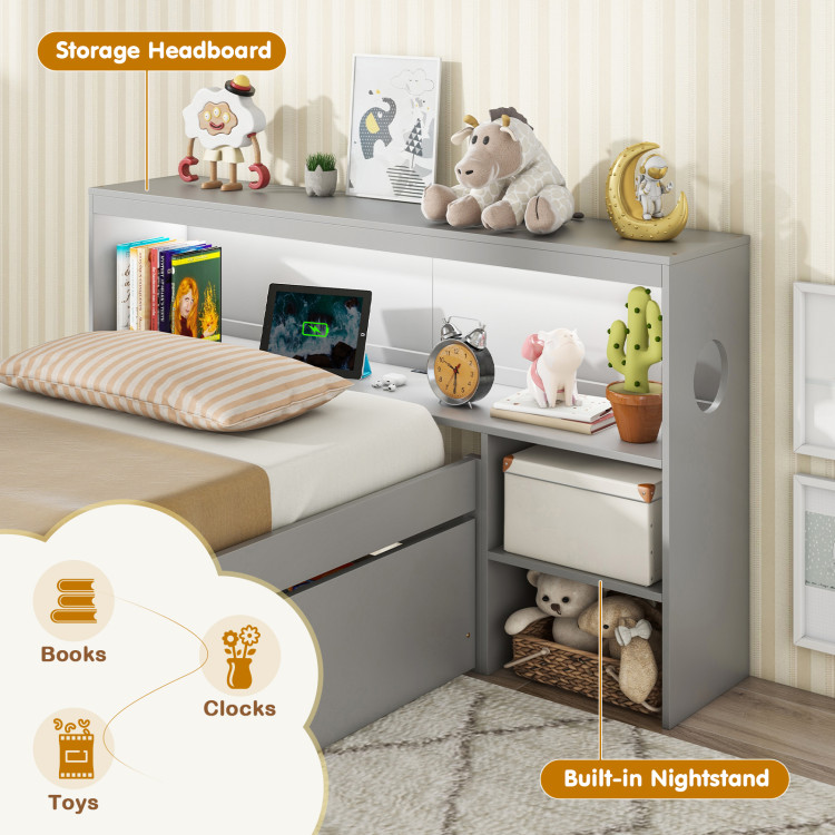 Twin Size Bed Frame with LED Light and Bookcase Headboard - Image 6