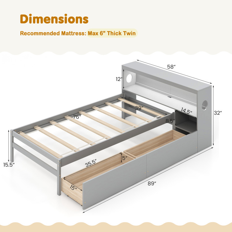 Twin Size Bed Frame with LED Light and Bookcase Headboard - Image 4