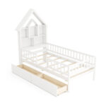 Twin Size House Bed Kids Montessori Bed with House-Shaped Storage Headboard