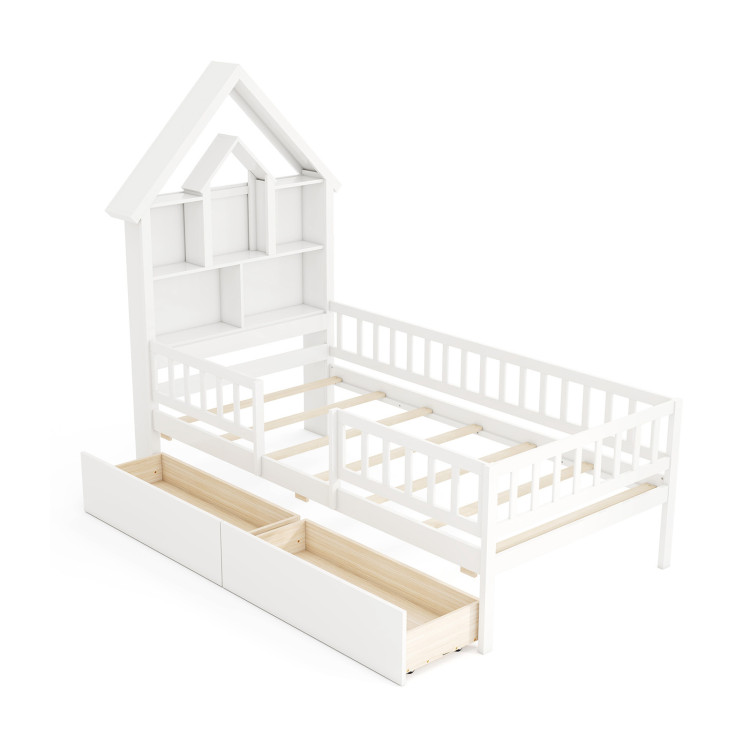 Twin_Size_House_Bed_Kids_Montessori_Bed_with_HouseShaped_Storage_Headboard_White-3.jpg Twin Size House Bed Kids Montessori Bed with House-Shaped Storage Headboard - Image 1