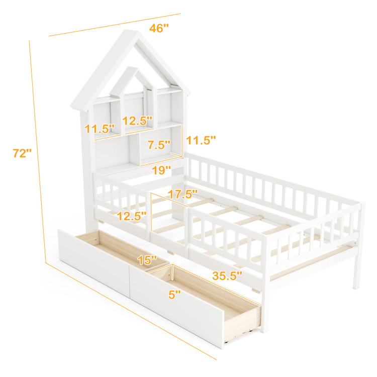 Twin Size House Bed Kids Montessori Bed with House-Shaped Storage Headboard - Image 4