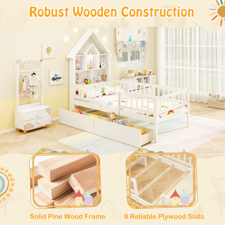 Twin Size House Bed Kids Montessori Bed with House-Shaped Storage Headboard - Image 7