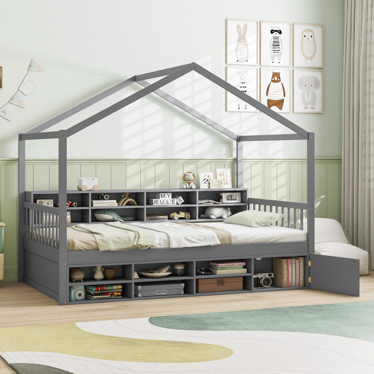 Twin Size House Bed with Roof with 14 Storage Cubes and Enclosed Cabinet - Image 2