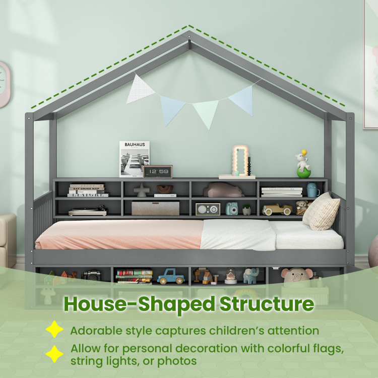 Twin Size House Bed with Roof with 14 Storage Cubes and Enclosed Cabinet - Image 10
