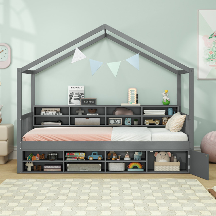Twin Size House Bed with Roof with 14 Storage Cubes and Enclosed Cabinet - Image 3