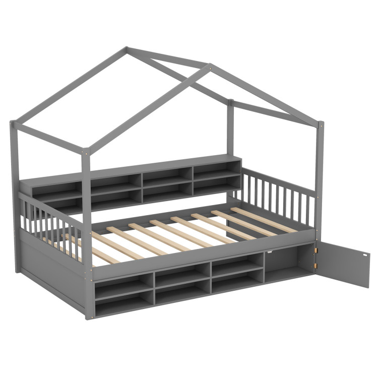 Twin Size House Bed with Roof with 14 Storage Cubes and Enclosed Cabinet - Image 1