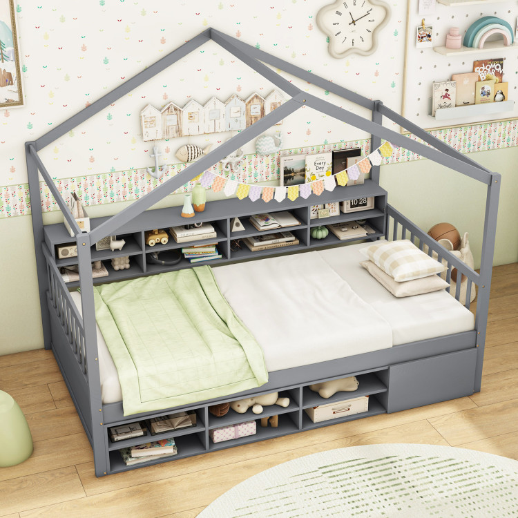 Twin Size House Bed with Roof with 14 Storage Cubes and Enclosed Cabinet - Image 5