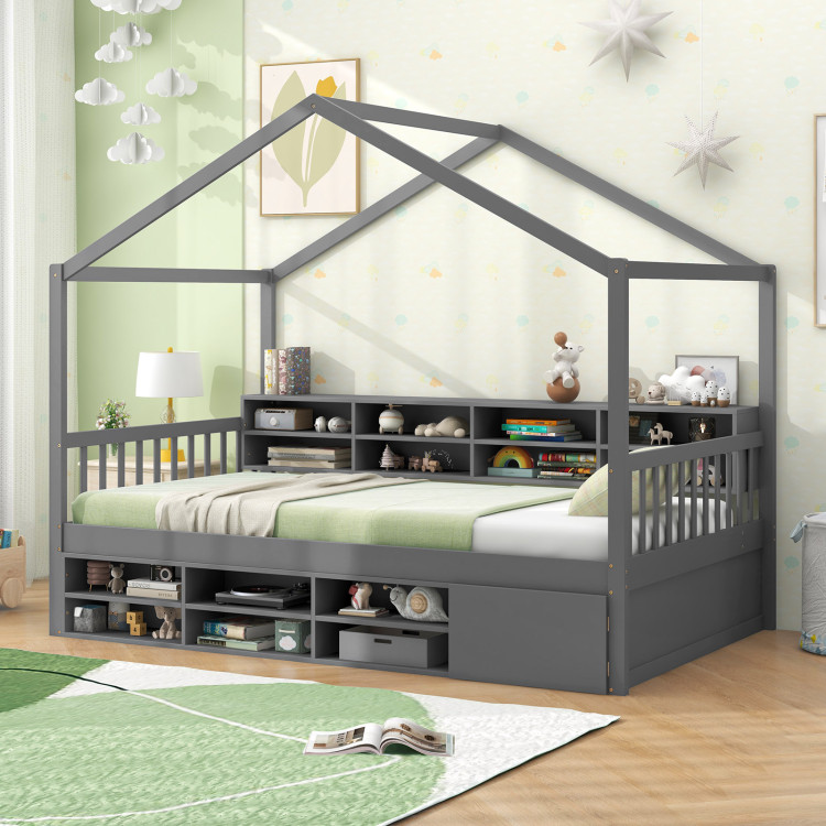 Twin Size House Bed with Roof with 14 Storage Cubes and Enclosed Cabinet - Image 6