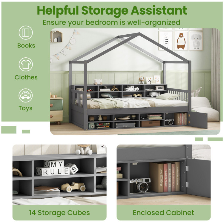 Twin Size House Bed with Roof with 14 Storage Cubes and Enclosed Cabinet - Image 8