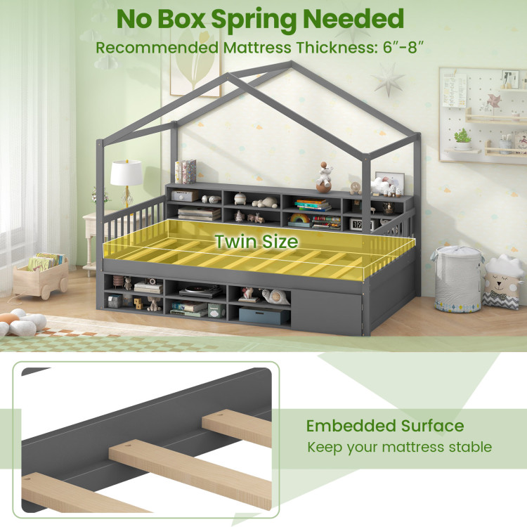 Twin Size House Bed with Roof with 14 Storage Cubes and Enclosed Cabinet - Image 9