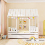 Twin Size House Bed with Trundle Kids Platform Bed with Roof Window - Image 2