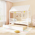 Twin Size House Bed with Trundle Kids Platform Bed with Roof Window - Image 3