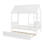 Twin Size House Bed with Trundle Kids Platform Bed with Roof Window
