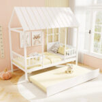Twin Size House Bed with Trundle Kids Platform Bed with Roof Window - Image 5