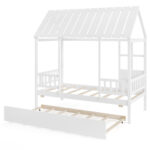 Twin Size House Bed with Trundle Kids Platform Bed with Roof Window - Image 8