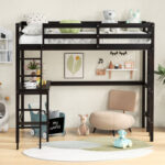 Twin Size Loft Bed Frame with Desk Angled and Built-in Ladder - Image 2