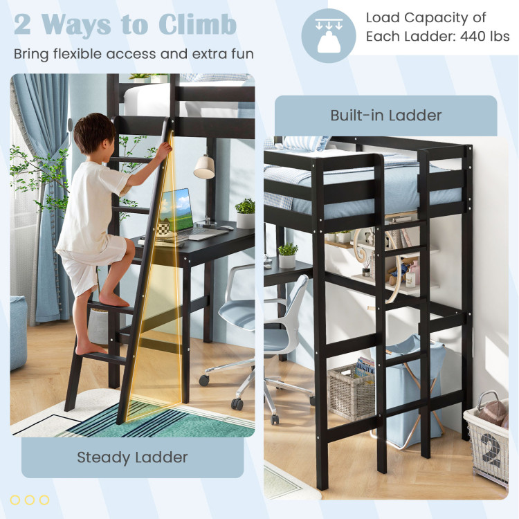 Twin Size Loft Bed Frame with Desk Angled and Built-in Ladder - Image 9