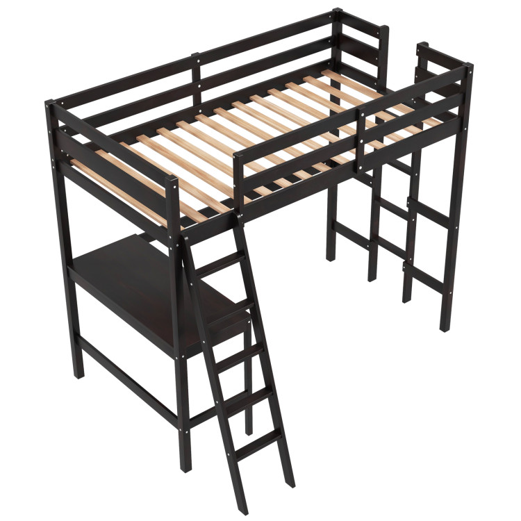 Twin Size Loft Bed Frame with Desk Angled and Built-in Ladder - Image 1