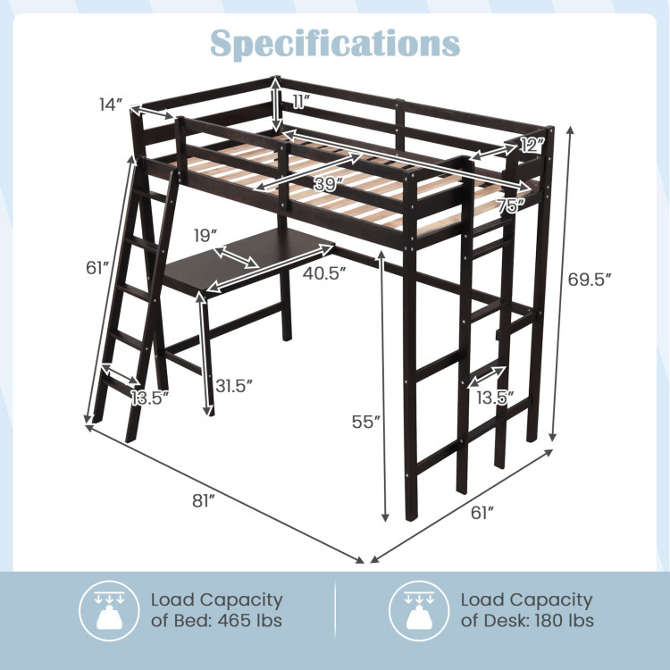 Twin Size Loft Bed Frame with Desk Angled and Built-in Ladder - Image 4