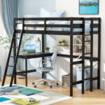 Twin Size Loft Bed Frame with Desk Angled and Built-in Ladder - Image 5