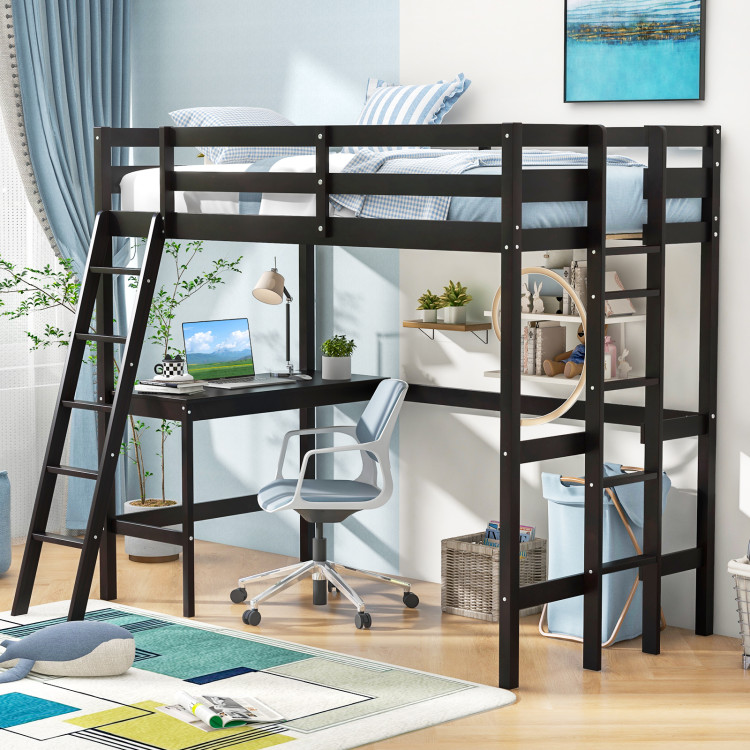 Twin Size Loft Bed Frame with Desk Angled and Built-in Ladder - Image 5
