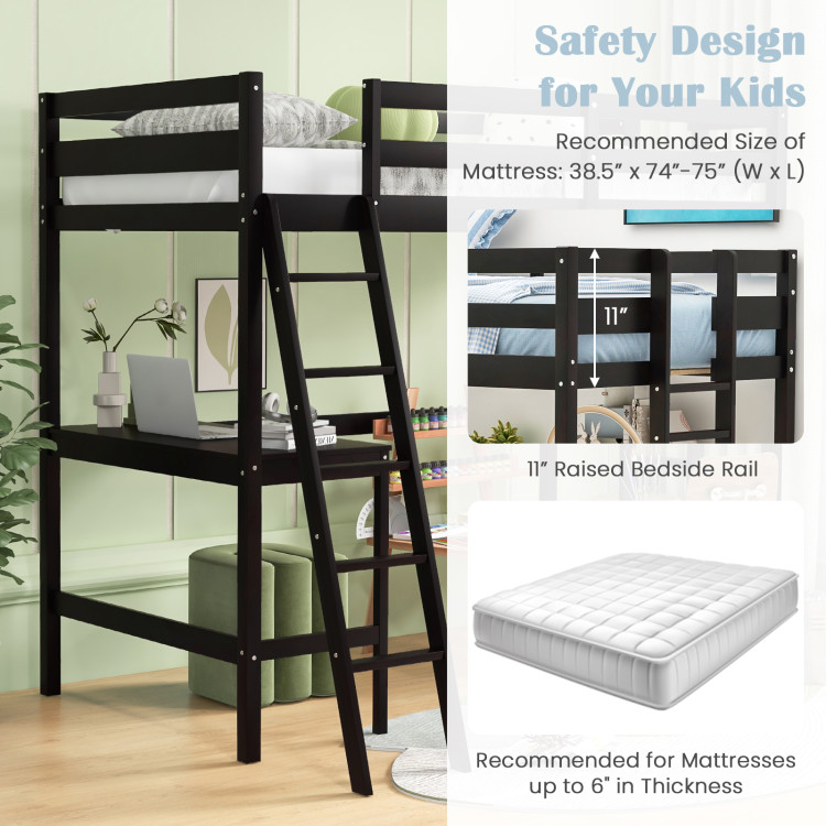 Twin Size Loft Bed Frame with Desk Angled and Built-in Ladder - Image 8