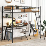 Twin Size Loft Bed Metal Bed Frame with Ladder and Guardrails - Image 2