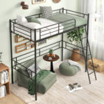 Twin Size Loft Bed Metal Bed Frame with Ladder and Guardrails - Image 3