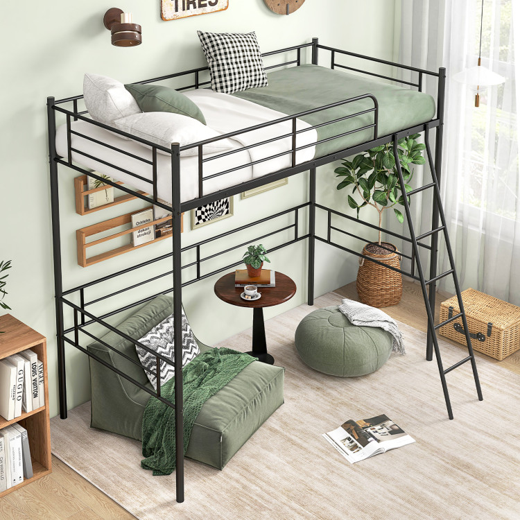 Twin Size Loft Bed Metal Bed Frame with Ladder and Guardrails - Image 3
