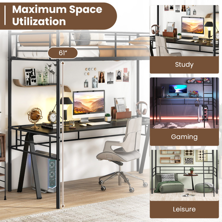 Twin Size Loft Bed Metal Bed Frame with Ladder and Guardrails - Image 9