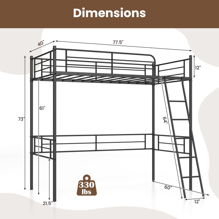 Twin Size Loft Bed Metal Bed Frame with Ladder and Guardrails - Image 4