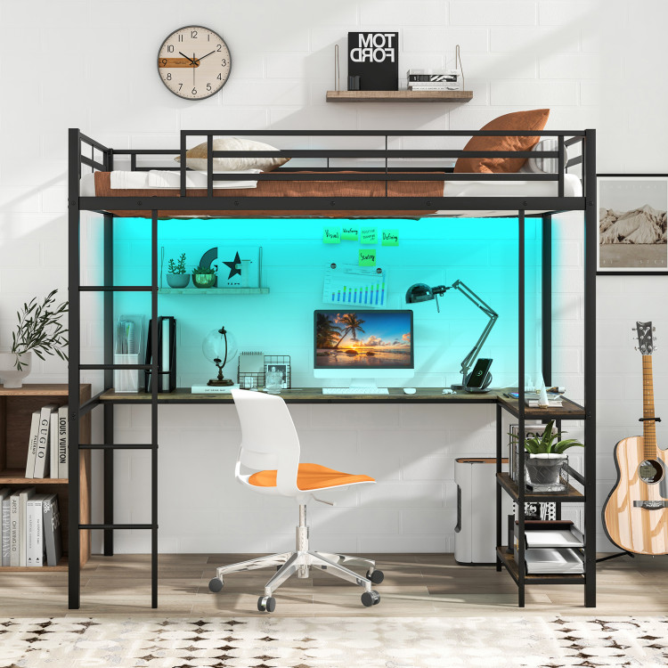Twin Size Loft Bed Raised Platform Bed with Desk and 2 Storage Shelves - Image 2