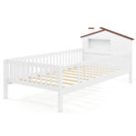 Twin Size Kids Montessori Bed with House-Shaped Headboard and Built-in Storage Shelf