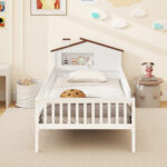Twin Size Kids Montessori Bed with House-Shaped Headboard and Built-in Storage Shelf - Image 8