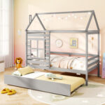 Twin Size Wooden Platform House Bed with Trundle and Roof - Image 2