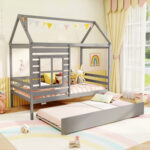 Twin Size Wooden Platform House Bed with Trundle and Roof - Image 10