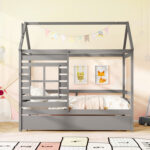 Twin Size Wooden Platform House Bed with Trundle and Roof - Image 3