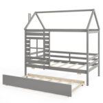Twin Size Wooden Platform House Bed with Trundle and Roof