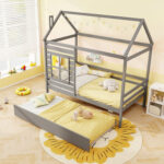 Twin Size Wooden Platform House Bed with Trundle and Roof - Image 9
